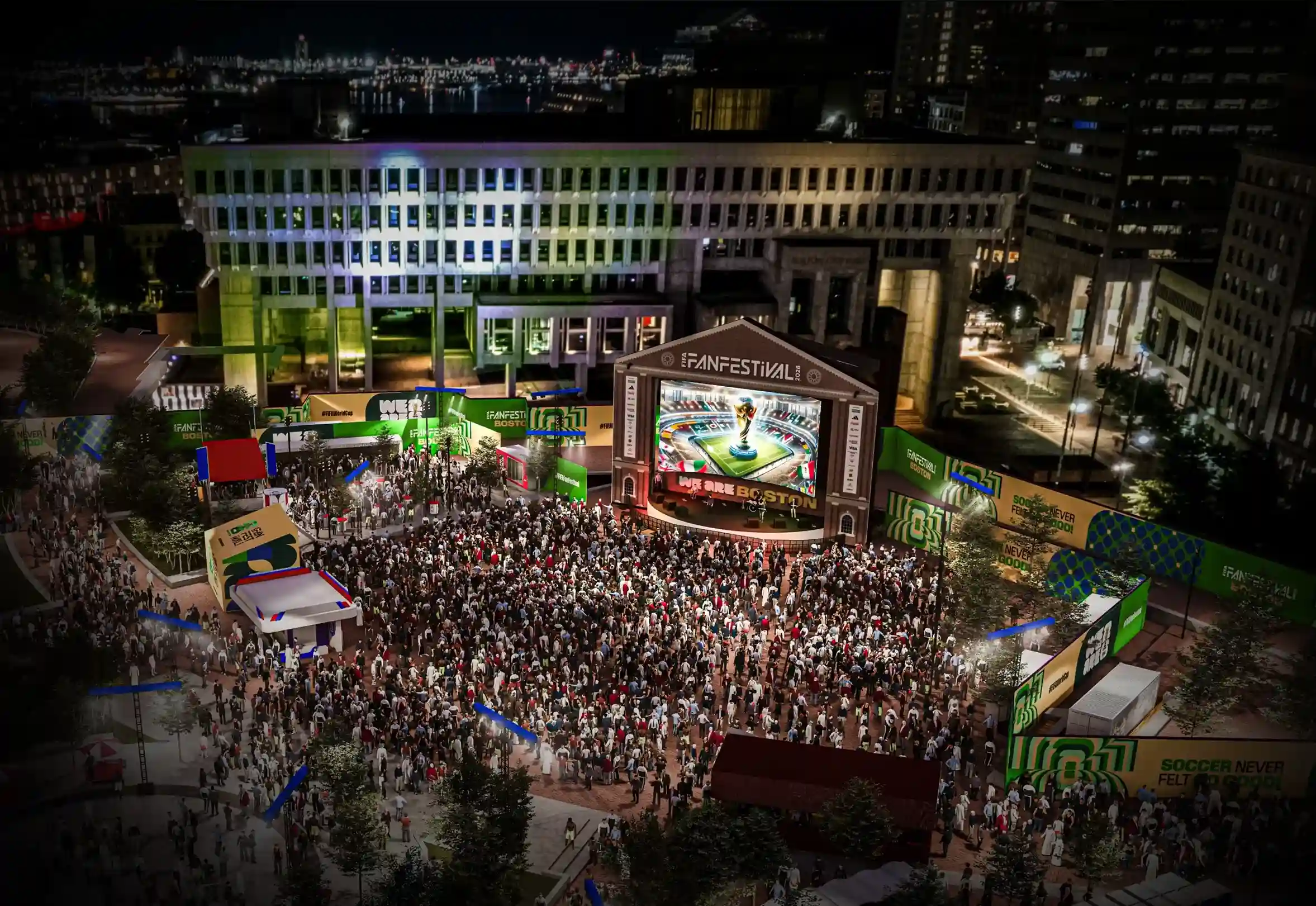 Outdoor football fan festival watch party with supporters and large screens