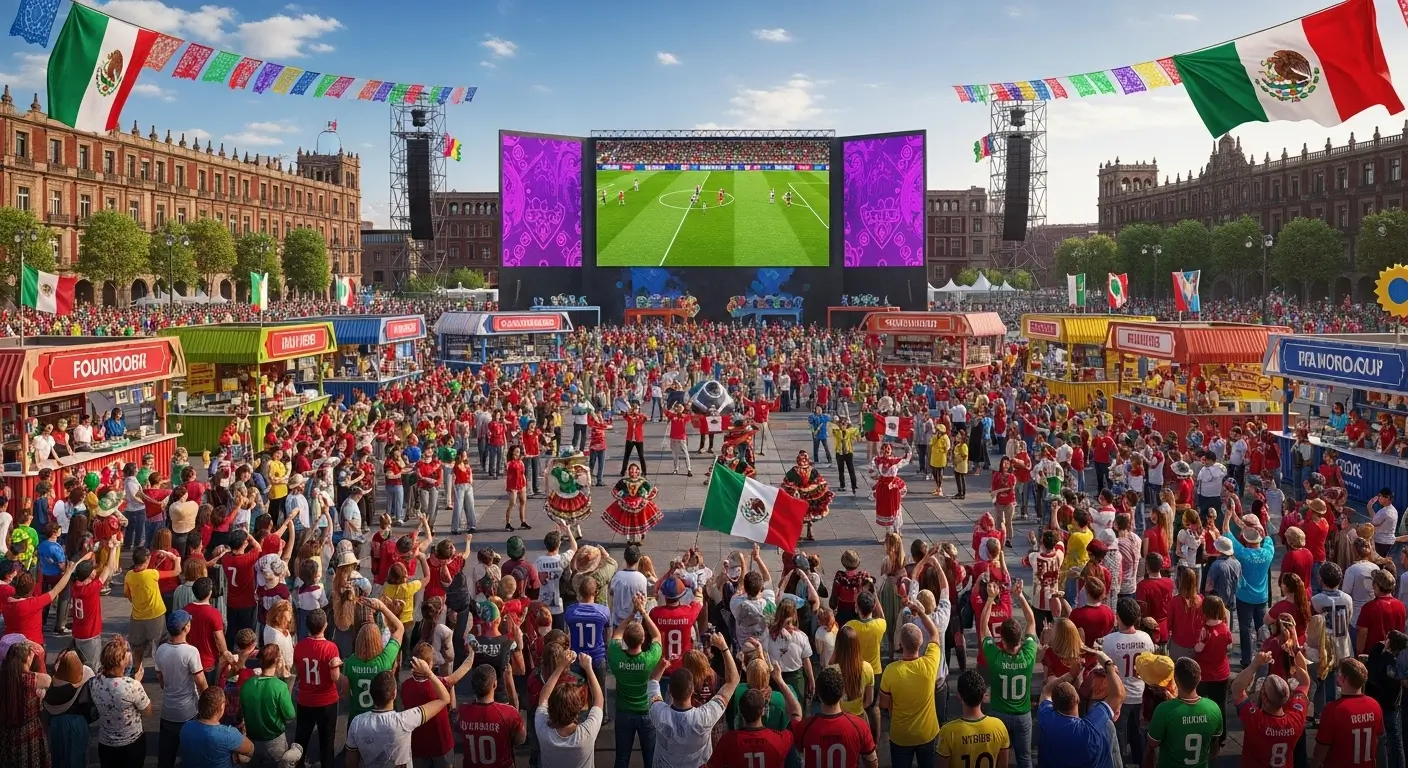 Outdoor football fan festival watch party with supporters and large screens