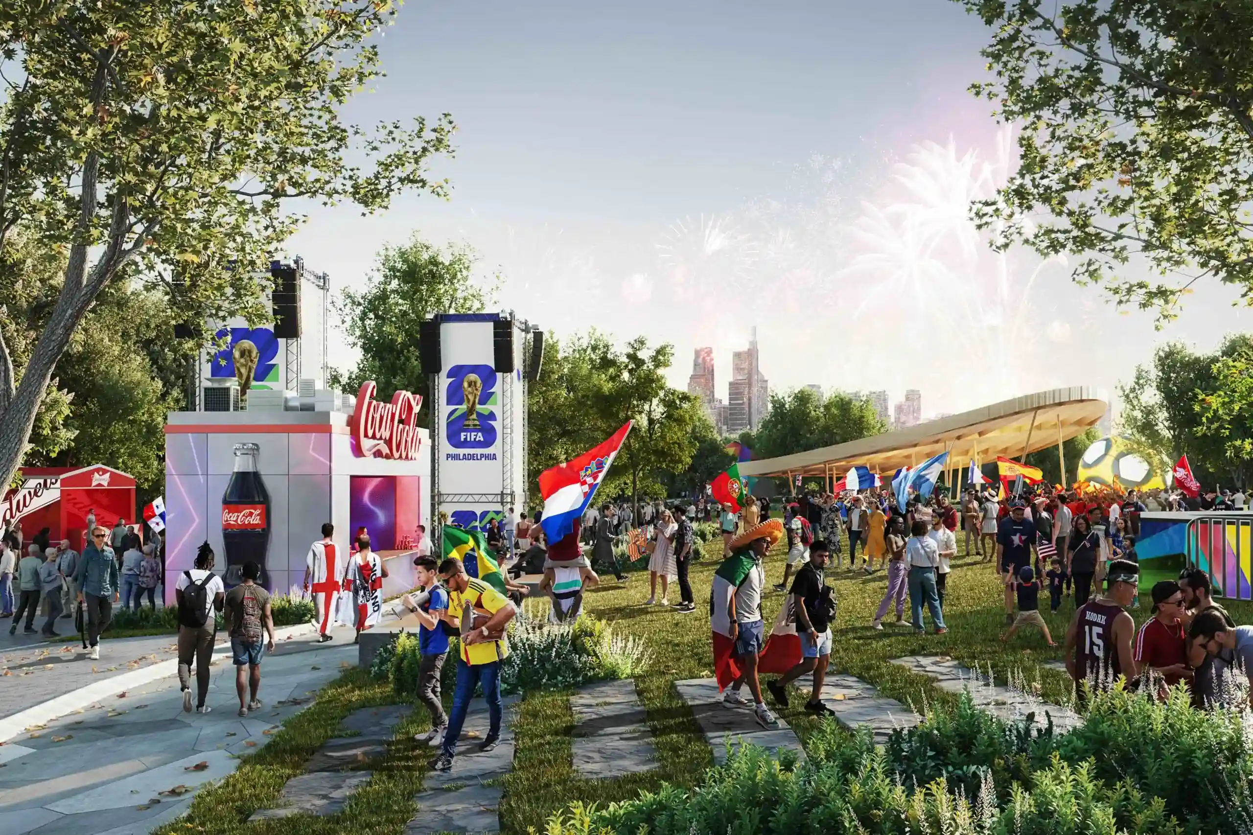 Outdoor football fan festival watch party with supporters and large screens