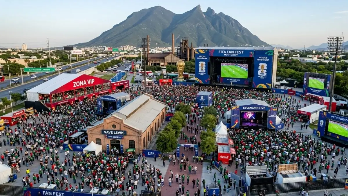 Outdoor football fan festival watch party with supporters and large screens