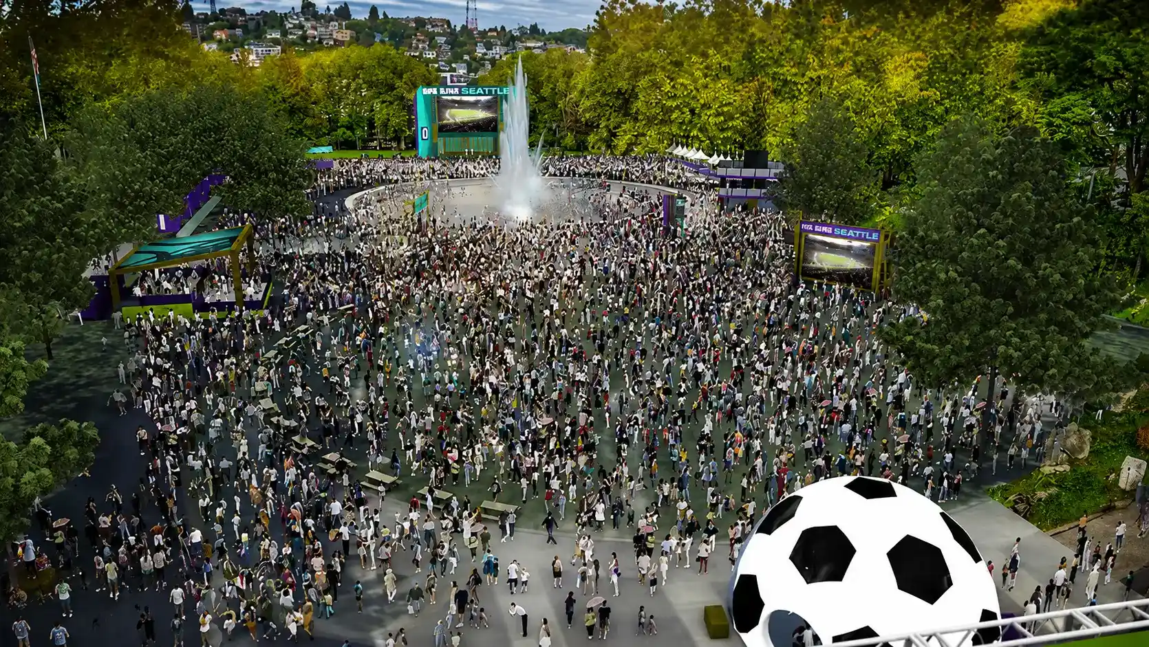 Outdoor football fan festival watch party with supporters and large screens